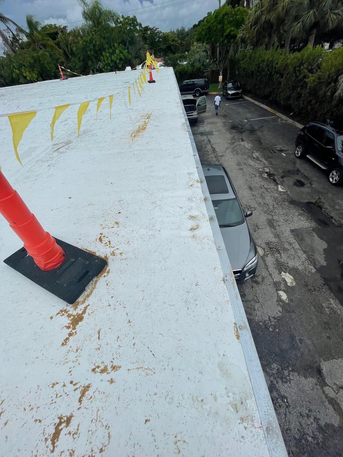 View from a rooftop with yellow safety flags, overlooking parked cars and a street lined with trees.
