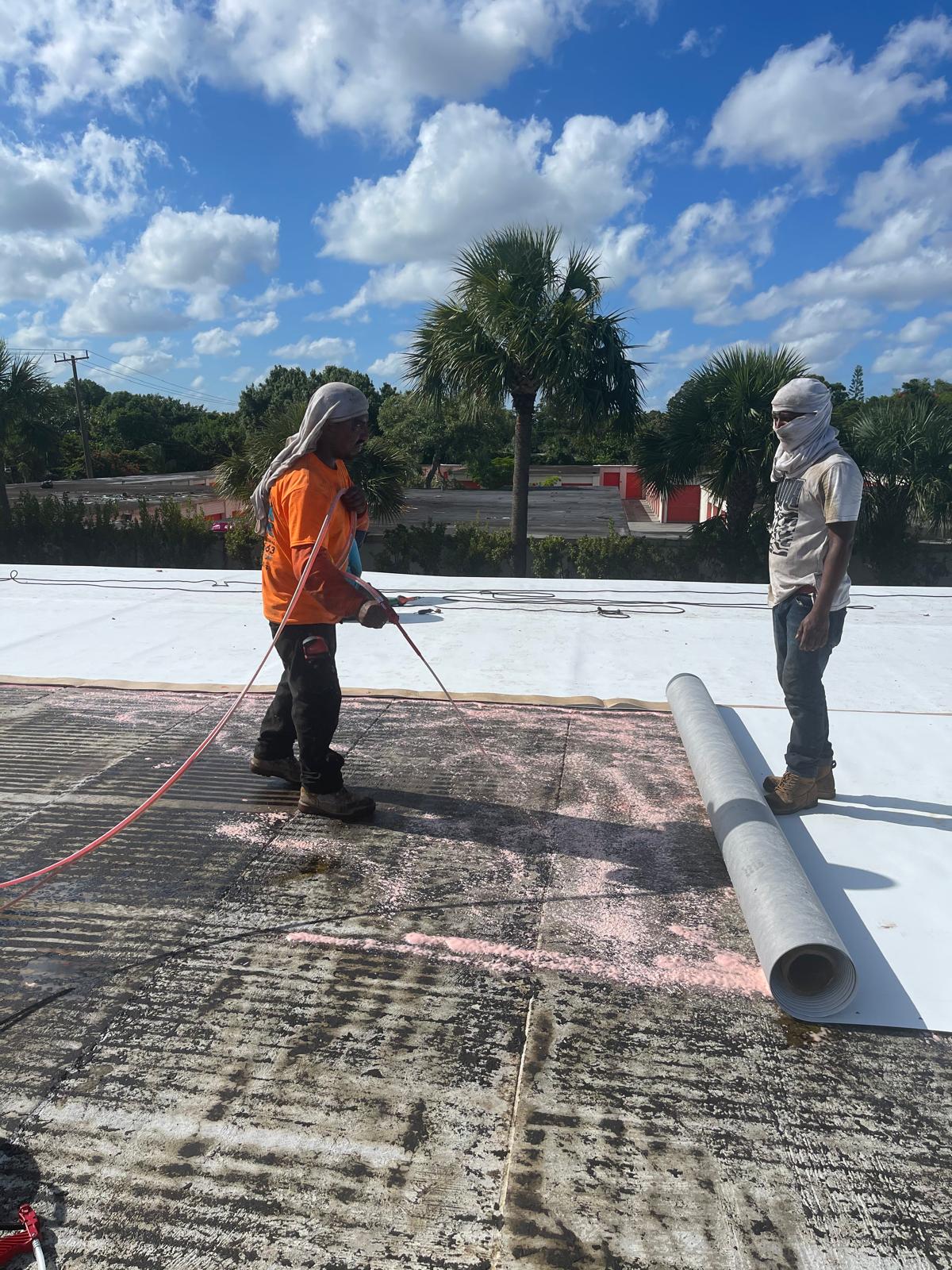 Two workers in head coverings install roofing material under a sunny sky with palm trees in the background.