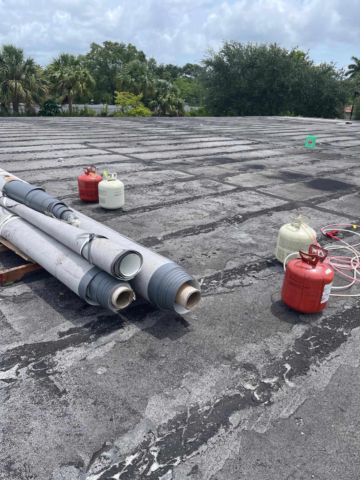 Four gas canisters and grey pipes on a flat, weathered rooftop with trees in the background under a cloudy sky.