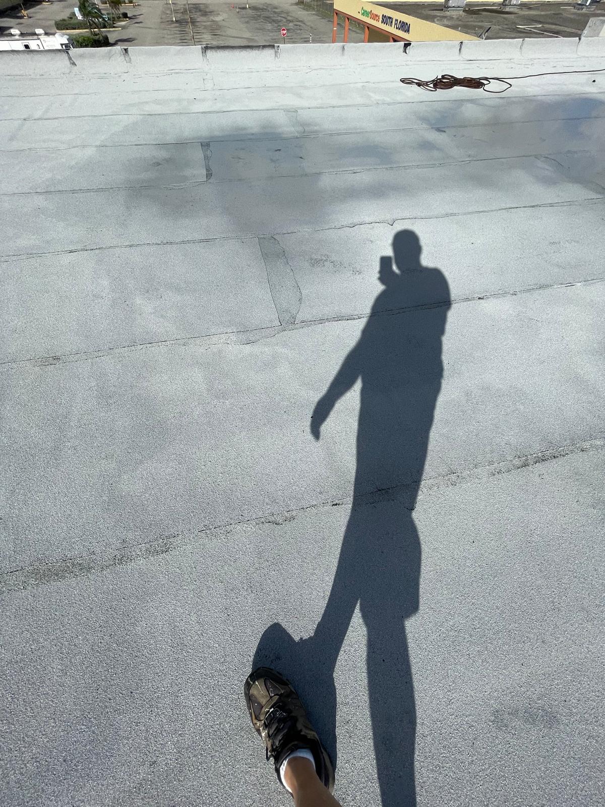 A shadow of a person holding a cup is cast on a flat, gray rooftop with one foot visible in the foreground.