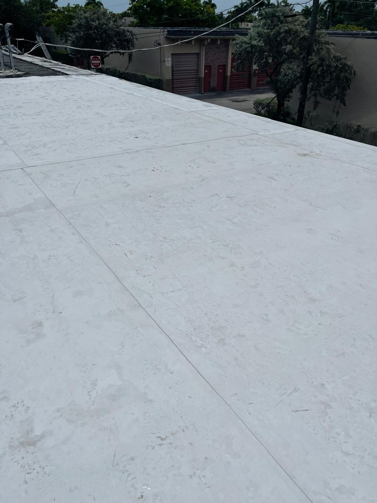 White flat roof surface with faint lines, trees, power lines, and a building in the background.